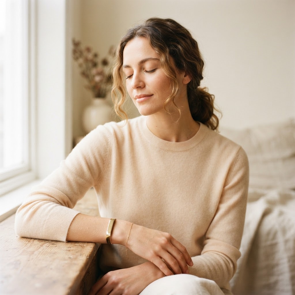 Woman wearing the Soulace band, resting calmly
